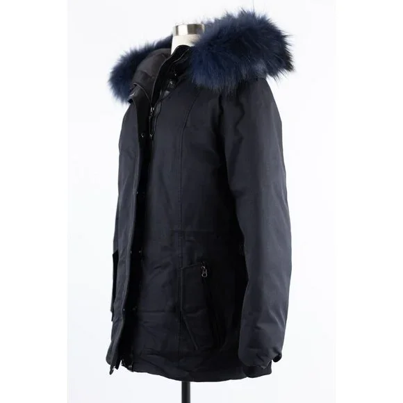$1,250 Mackage Women's Rena Twill Down Parka Fox Fur Hood SZ L/G Black